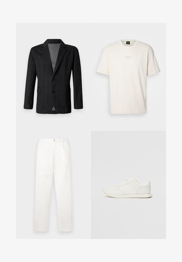 Blazer entallado gris oscuro con una textura suave, diseño de un solo botón, solapa en muesca y dos bolsillos frontales. Presenta dos botones.; BOSS TEE - Camiseta básica - open white; Pantalones blancos hechos de una tela suave, con un diseño de pierna recta, pliegues en la parte frontal y un cierre de botón en la cintura.; Zapatilla blanca con parte superior de malla y sintético, puntera redonda, cordones planos y una franja lateral texturizada. Suela de goma con un tirador en la parte posterior.