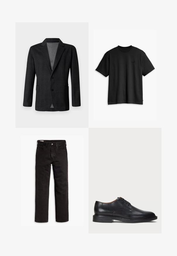 Tamno siva sakoa prilagođena kroja s glatkom teksturom, jednostruko kopčanje, oštro izrezane reveri i dva prednja džepa. Ima dva dugmeta.; Crna pamučna majica s kratkim rukavima i okruglim izrezom. Ima suptilan logo na prednjoj strani i ravni rub. Jednostavan i minimalistički dizajn.; Crne traperice ravnog kroja s pet džepova, kopčom na dugme i petljama za pojas, položene ravno na bijeloj pozadini.; Crne kožne cipele s okruglim vrhom, vezanjem i niskim stogom. Glatka tekstura s minimalnim šavovima.