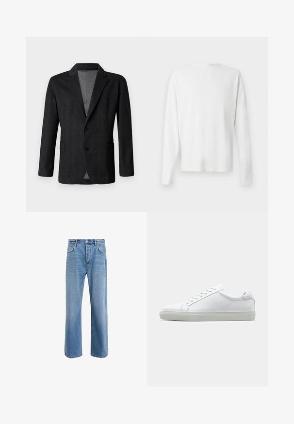 Dark grey tailored blazer with a smooth texture, single-breasted design, notched lapels, and two front pockets. Features two buttons.; Long-sleeved white cotton shirt with a round neckline, side slits at the bottom, and a smooth texture, displayed from the back.; Light blue denim jeans with a straight-leg design, five pockets, button closure, minimal fading, and contrasting stitching details.; White sneaker with a smooth leather upper and a low profile. Features a rounded toe, six eyelets, and a textured rubber sole.