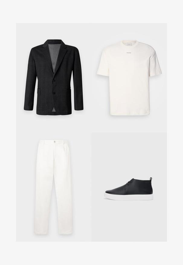 Σκούρο γκρι tailored σακάκι με λεία υφή, μονόκλειστη σχεδίαση, με αυλακωτούς γιακάδες και δύο μπροστινές τσέπες. Διαθέτει δύο κουμπιά.; Λευκό βαμβακερό T-shirt με στρογγυλή λαιμόκοψη, κοντά μανίκια και κεντημένο λογότυπο "Calvin Klein" στο κέντρο του στήθους. Απλή σχεδίαση.; Λευκά παν trousers κατασκευασμένα από μαλακό ύφασμα, με ευθεία σχεδίαση, πτυχές μπροστά και κλείσιμο με ένα κουμπί στη μέση.; Μαύρα δερμάτινα ψηλά αθλητικά παπούτσια με λείο φινίρισμα, λευκή καουτσούκ σόλα και απλό σχέδιο με κορδόνια. Διαθέτουν θηλιά στην πλάτη.