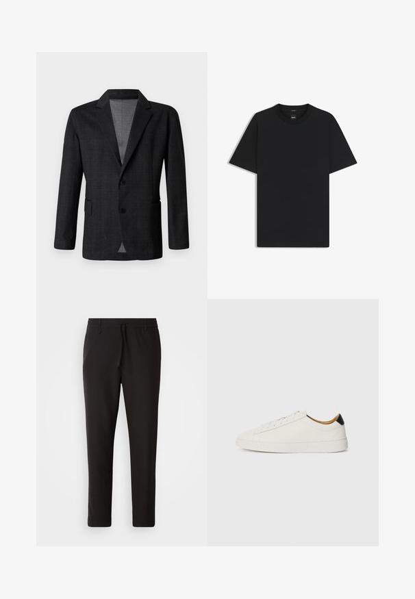 Donkergrijze op maat gemaakte blazer met een gladde textuur, een enkelvoudig knoopdesign, gesneden revers en twee voorkruiszakken. Heeft twee knopen.; Zwarte korte mouwen T-shirt van een gladde katoenmix, met een ronde halslijn en een minimalistisch ontwerp zonder patronen of accenten.; Zwarte joggingsbroek van gladde stof. Kenmerkt zich door een elastische tailleband met een trekkoord, taps toelopende benen en geen zichtbare zakken. Eenvoudig ontwerp.; Witte sneaker met een gladleren bovenkant, ronde neus en platte zool. Zwarte accenten bij de hiel, voorzien van tonale veters en minimale branding.