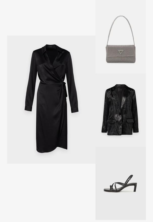 Must mustriga läikiv, tekstureeritud viimistlusega. Omab nurgelise kraega, ühte nupuvajutust ja kaht esist taskut.; Mustmustämmi kätkitegupäriga must kleit, millel on pikad varrukad, krae ja külgside detail, omades siledat tekstuuri ja põlvekõrgust disaini.; Mustast rihmajalatsid ruudukujulise varba ja madala ploki kontsaga. Omab mitmeid õhukesi rihmasid ja reguleeritavat pahkluu rihma. Valmistatud siledast nahast.; Helehall metallik handbags, millel on kett, kaunistatud väikeste ümmarguste metallist õmblustega ja kolmnurkse brändi logoga.