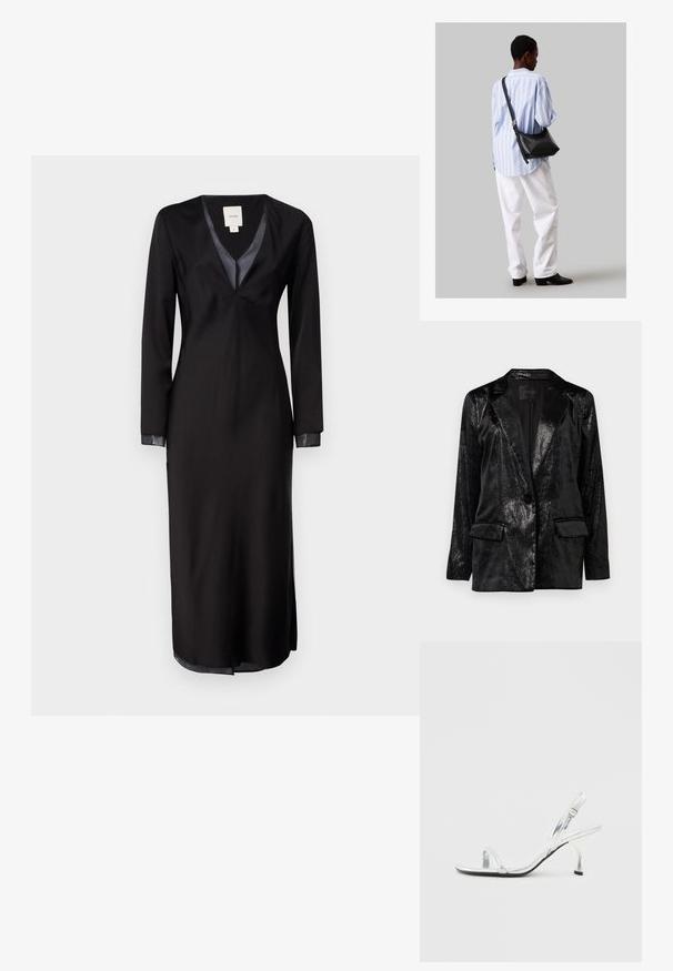 Musta bleiseri glossy, teksturoituneella pinnalla. Varustettu lovitetulla kauluksella, yksittäisellä napin suljinnalla ja kahdella etutaskulla.; Musta pitkähihaista mekkoa liukkaasta kankaasta, syvällä V-pääntiellä, satiinikoristeluilla kauluksessa ja sivuhalkioilla liikkuvuuden helpottamiseksi.; Hopeakilpoinen patentoitu nahkainen slingback-korkokengät, joissa on kapea varvasremmi, säädettävä solki ja hoikka korko.; Musta nahkainen olkalaukku, jossa on pehmeä rakenne, kolmion muoto ja säädettävä hihna, yhdistettynä vaaleansiniseen raidalliseen paitaan ja valkoisiin housuihin.