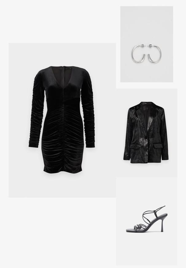 Sacou negru cu un finisaj lucios și texturat. Dispune de un guler tăiat, închidere cu un singur nasture și două buzunare frontale.; Rochie din catifea neagră cu mâneci lungi tip puff, decolteu adânc în V și detalii drapate în față. Închidere cu fermoar la spate. Textură netedă.; Sandale negre cu toc înalt au curele subțiri cu un design legat, un vârf pătrat neted și un toc stiletto elegant.; Geantă metalică gri deschis, cu un strap din lanț, decorată cu mici ținte circulare metalice și un logo de marcă triangular.; Cercei rotunzi din argint cu un finisaj neted și strălucitor. Design ușor, având o formă rotundă și închidere cu tijă.