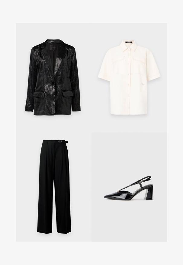 Schwarze Blazer mit glänzender, strukturiertem Finish. Mit einem Reverskragen, einem einzelnen Knopfverschluss und zwei Fronttaschen.; Kurzärmliges, cremefarbenes Hemd aus leichtem Stoff mit zwei Vorderaschen, knöpfbarem Design und kontrastierenden Nähten.; Schwarze weit geschnittene Hosen mit hoher Taille, Falten an der Vorderseite und einem Gürtel mit Schnalle. Hergestellt aus glattem, leichtem Stoff.; Schwarze lackleder Slingback-High-Heels mit spitz zulaufender Zehenpartie, verstellbarem Riemen und klobigem rechteckigem Absatz.