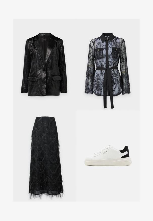 Čierny blejzer s lesklým, textúrovaným povrchom. Má vykrojený golier, jediné zapínanie na gombík a dve predné vrecká.; Čierna čipkovaná blúzka s dlhými rukávmi, gombíkovými náprsníkmi, klasickým golierom a látkovým opaskom viazaným v páse. Priehľadný dizajn.; Čierna midi sukňa s vrstvami frania a vlnkovými vzormi. Vyrobená z priesvitného materiálu so trblietavými akcentmi pozdĺž okrajov.; Biele kožené tenisky s hrubou bielou podrážkou, čiernym zamekom na päte a vyrazeným logom na boku. Šnurovací dizajn so šiestimi očkami.