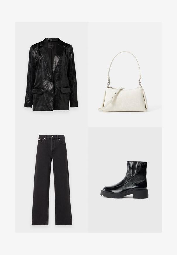 Fekete blézer fényes, strukturált felülettel. Jellemzői a kihajtható gallér, egy gombos záródás és két elülső zseb.; Fekete bordázott, rövid ujjú crop top, puha anyagból készült, középen diszkrét Calvin Klein logóval. Egyszerű, klasszikus dizájn.; Fekete, bőszárú farmernadrág, magas derekú, öt zsebes kialakítással és fém gombos záródással, kontrasztos varrással.; Fekete bokacsizmák fényes lakkbőr felülettel, vastag fekete gumitalppal és megemelt sarokkal; oldalon diszkrét logó részlettel.; Fehér kézitáska sima textúrával, ívelt sziluettel és állítható vállpánttal. Diszkrét logó minta és ezüstszínű kiegészítők jellemzik.