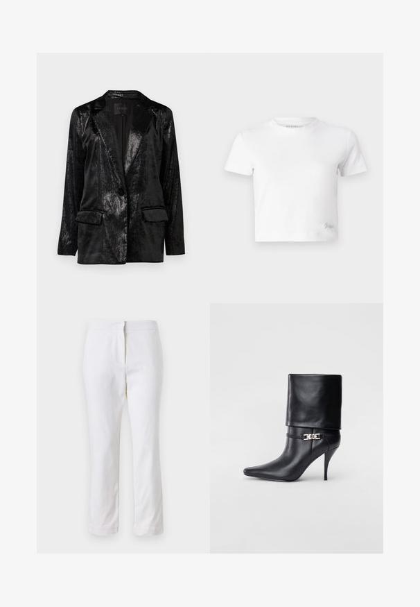 Sacou negru cu un finisaj lucios și texturat. Dispune de un guler tăiat, închidere cu un singur nasture și două buzunare frontale.; Tricou alb scurt, realizat din bumbac neted, cu gât înalt și mâneci scurte. Logo mic brodat în colțul de jos.; Pantaloni din bumbac alb, cu un design drept, având talie medie și fără hardware sau modele vizibile. Textură uniformă pe întreaga suprafață.; Botine negre din piele, cu vârf ascuțit, toc înalt și subțire, cu manșetă pliată și un detaliu decorativ cu cataramă aurie la gleznă.