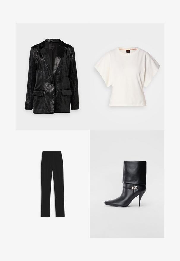 Blazer noir avec une finition brillante et texturée. Présente un col cranté, une fermeture à un bouton et deux poches avant.; T-shirt blanc cintré, manches courtes et larges, en coton doux, décolleté rond avec une discrète bordure orange, design minimaliste, sans motifs ni graphiques.; Pantalon noir ajusté avec une coupe droite, doté de poches avant et d'un tissu lisse et texturé. Détails soignés et minimalistes.; Bottine en cuir noir avec un bout pointu, un haut talon aiguille, un revers, et un détail décoratif en boucle dorée au niveau de la cheville.