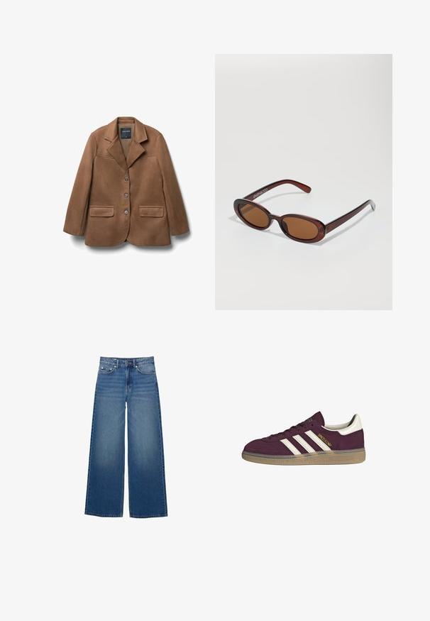 Brauner Wildleder-Blazer mit einem Reverskragen, zwei vorderen Taschen und drei Knöpfen auf der Vorderseite. Glatte Textur und taillierte Passform.; Weißes Langarmoberteil mit weitem Ausschnitt, seitlichen Schlitzen und einem glatten, leichten Stoff, das ein einfaches, minimalistisches Design aufweist.; Weite blaue Jeans aus Denim, mit hoher Taille, genähten Akzenten und einem schlichten Design mit leichtem Verblassungseffekt.; Bordeauxfarbene Wildledersneaker mit weißen drei Streifen und beigen Akzenten. Verfügt über eine strukturierte Gummisohle und goldene Markenlogo auf der Seite.; Runde, braun getönte Sonnenbrillen mit einem glänzenden burgunderfarbenen Rahmen. Schlanke Bügel mit dezentem Branding. Flaches Linsendesign.; Braune, geflochtene Lederhandtasche mit einer lässigen, dreieckigen Form. Verfügt über einen geflochtenen Griff und einen Reißverschluss an der Oberseite.