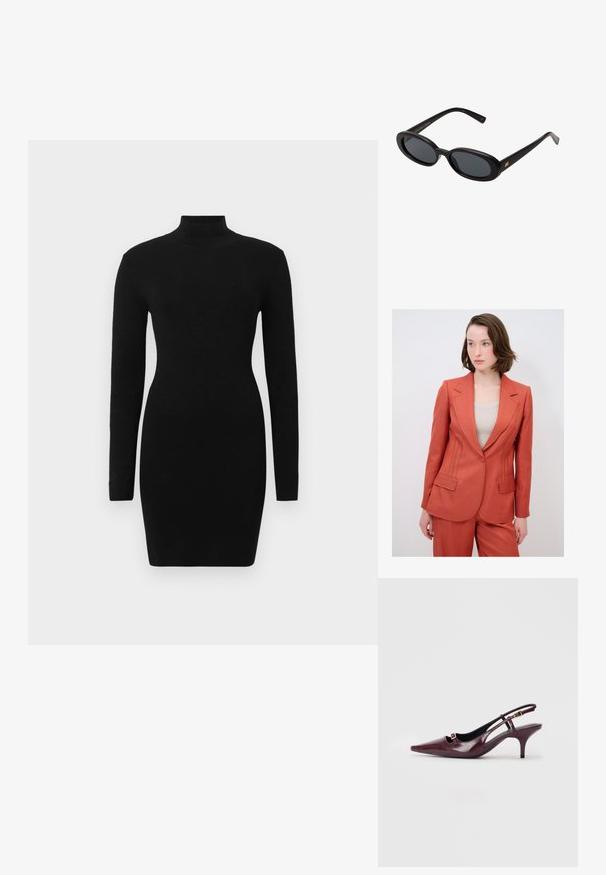 Blazer de color óxido con un diseño estructurado, que presenta bolsillos frontales y costuras detalladas a lo largo de los lados. Está hecho de un tejido texturizado.; Vestido negro de manga larga con silueta ajustada y cuello alto, confeccionado con un tejido texturizado que ofrece un aspecto liso y elegante.; Zapatos de tacón en color burdeos con punta afilada, acabado de cuero brillante, pequeño corte en la parte delantera y un delgado tacón de aguja con acentos dorados.; Gafas de sol grandes de color negro con lentes ovalados, montura de plástico suave y detalles dorados en las patillas. Los lentes oscuros ofrecen protección solar.; Pepe Jeans GRACEY - Bolso de mano - burgundy red