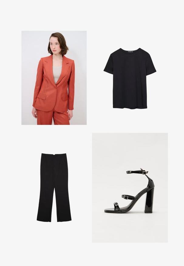 Blazer color rust con un design strutturato, dotato di tasche frontali e cuciture dettagliate lungo i lati. Realizzato in un tessuto testurizzato.; T-shirt nera in cotone a maniche corte con collo a giro, esposta su uno sfondo bianco.; Pantaloni neri a gamba dritta, con tasche frontali e spacchi laterali all'orlo. Realizzati in tessuto morbido e liscio. Adatti a diverse occasioni.; Sandali con tacco alto in vernice nera con due cinturini con fibbia, punta quadrata e tacco spesso a blocco, caratterizzati da una texture liscia e lucida.