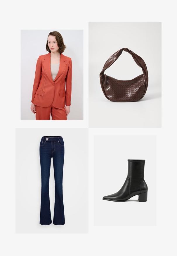 Blazer color rust con un design strutturato, dotato di tasche frontali e cuciture dettagliate lungo i lati. Realizzato in un tessuto testurizzato.; Top bianco senza maniche con scollatura quadrata, texture liscia e design aderente. Realizzato in tessuto leggero.; Jeans a palazzo blu scuro con vita alta, due tasche frontali e due chiusure a bottone. Realizzati in denim con una texture liscia.; Stivale alla caviglia nero in pelle liscia, con punta appuntita, tacco a blocco e cuciture raccolte distintive lungo il bordo superiore.; Borsa in pelle intrecciata marrone con manico curvo annodato e chiusura con zip. Texture liscia e forma arrotondata.