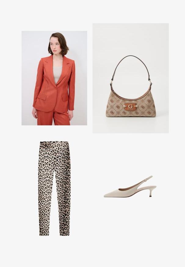 Roodbruine blazer met een gestructureerd ontwerp, voorzien van voorzakken en gedetailleerde stiksels langs de zijkanten. Gemaakt van een geweven stof.; Witte mouwloze tanktop met een vierkante halslijn, een gladde textuur en een nauwsluitend ontwerp. Gemaakt van lichtgewicht stof.; Leggings met luipaardprint, gemaakt van zachte stof, met een elastische tailleband, lange slanke benen en een mix van beige, zwart en bruine patronen.; Beige slingback hakken met een puntige neus en een lage, uitlopende hak. Gemaakt van glad leer met een minimalistisch ontwerp en een verstelbare band.; Tote bag van beige stof met bruine patroonaccenten. Beschikt over een gebogen vorm, enkele strap en een logo plaatje aan de voorkant met zilverkleurige hardware.