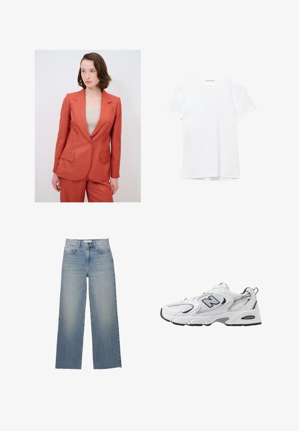 Roodbruine blazer met een gestructureerd ontwerp, voorzien van voorzakken en gedetailleerde stiksels langs de zijkanten. Gemaakt van een geweven stof.; Witte short-sleeve t-shirt van gladde stof, met een ronde halslijn en subtiele stiksels bij de zoom.; Lichtblauwe wijdleg jeans van denim, met een hoge taille, voorzakken en een knoopsluiting. Soepele textuur met vervaagde gebieden.; Witte sport schoen met mesh bovenkant, marineblauwe accenten en een gehoorzaamde zool. Bevat het "N" logo, veters en een gestructureerde detail aan de zijkant.