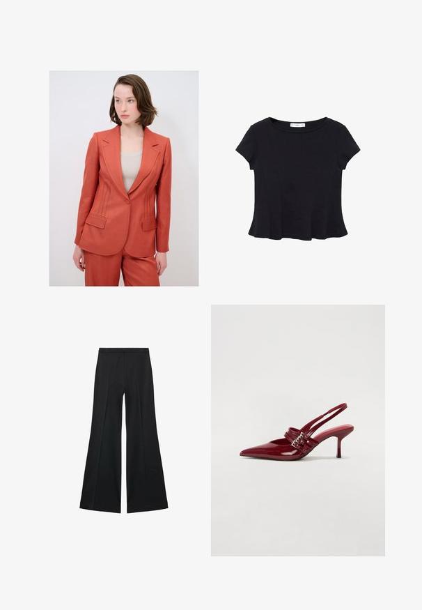 Blazer v rezavé barvě se strukturovaným designem, s předními kapsami a podrobným šitím po stranách. Vyrobeno z texturované tkaniny.; Černý tričko s krátkým rukávem vyrobené z měkké tkaniny, s kulatým výstřihem a rozšířeným lemem s jemným švem.; Černé kalhoty s širokými nohavicemi a hladkou texturou, s předními sklady a přizpůsobeným střihem. Materiál je lehký a splývavý.; Červené lakované kožené lodičky na podpatku s špičatou špičkou, dvěma přezkami a štíhlým, středně vysokým jehlovým podpatkem. Hladký povrch.