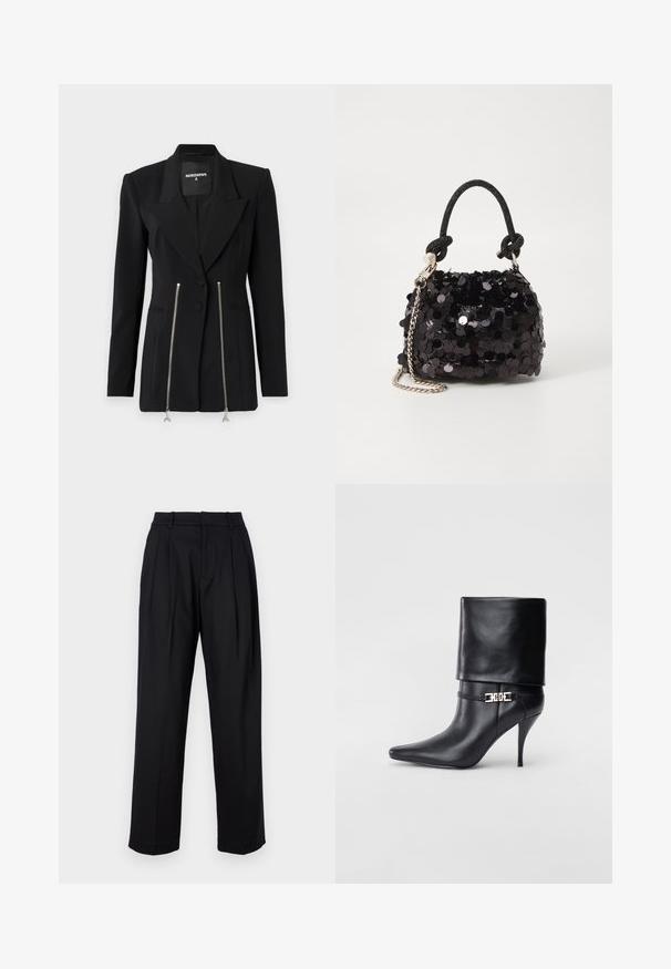 Melna pielāgota bleizera ar izteiksmīgu atlokiem, strukturētām plecu daļām, divām rāvējslēdzēju kabatām ar sudraba detaļām un šauru piegājienu.; Melna garām piedurknēm augšdaļa ar ribotu tekstūru un unikālu izgriezumu krūšu rajonā, ar apaļu kakla izgriezumu un pieguļošu siluetu.; Melni bikses ar izsmalcinātu dizainu, kurām ir augsta josta, izgriezumi un taisnas kājas griezums. Izgatavotas no gludas auduma vienkrāsainā dizainā.; Melnas ādas potīšu zābaki ar smailu purngalu, augstu stiletto papēdi, salocītu aproci un zeltītu dekoratīvu sprādzi uz potītes.; Melna spīguļota mini rokas soma ar mezglotu teksturētu siksniņu un sudraba ķēdi. Apaļa forma ar sakopotām malām un atstarojumu detaļām.