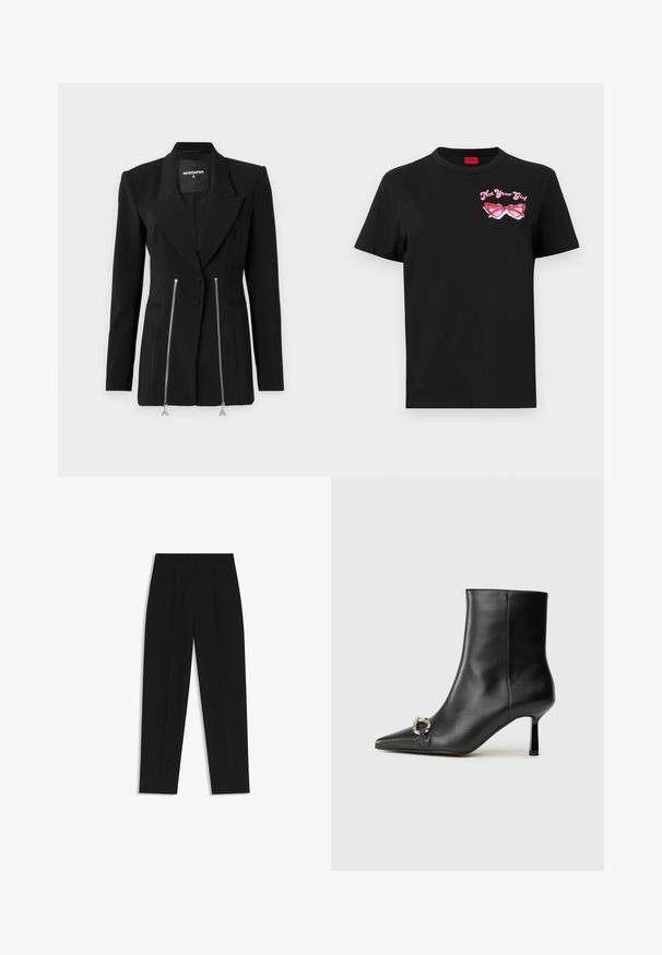 Blazer nero su misura con un colletto affilato, spalle strutturate, due tasche con zip in argento e un design slim fit.; T-shirt in cotone nero con maniche corte, caratterizzato da una grafica rosa di occhiali da sole e la scritta "Non tua ragazza" sulla parte sinistra del petto.; Pantaloni neri a taglio dritto, con doppie pieghe, una texture liscia e un design classico in vita. Nessun hardware o dettaglio visibile.; Stivale alla caviglia in pelle nera con punta affusolata, tacco sottile di media altezza e dettaglio in fibbia argentata sul lato, su sfondo semplice.
