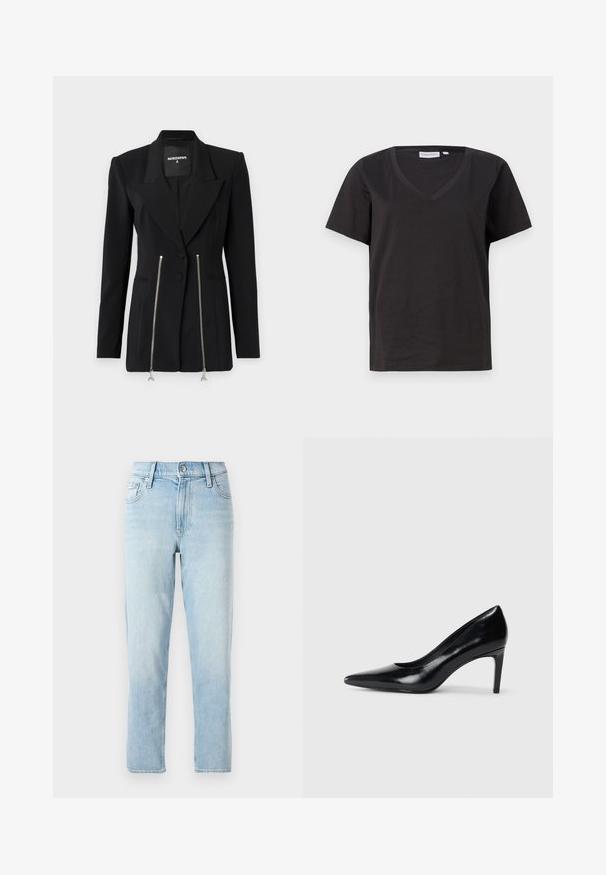 Black tailored blazer featuring a sharp lapel, structured shoulders, two zippered pockets with silver hardware, and a slim fit design.; Black cotton T-shirt with a V-neck and short sleeves. Simple design with a regular fit and no patterns or accents.; Light blue denim jeans, straight-leg design, mid-rise waist, with five-pocket styling and a button closure at the front.; Black leather high heel shoe with a pointed toe, smooth texture, and a tapered heel. Minimalist design, no additional embellishments.