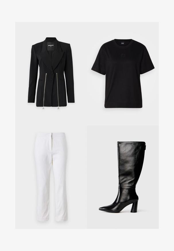 Sacou negru, ajustat, cu rever ascuțit, umeri structurați, două buzunare cu fermoar și detalii din metal argintiu, și un design slim fit.; T-shirt negru din bumbac, cu guler rotund, mâneci scurte și un logo brodat pe piept. Design simplu, cu o croială relaxată și fără modele.; Pantaloni din bumbac alb, cu un design drept, având talie medie și fără hardware sau modele vizibile. Textură uniformă pe întreaga suprafață.; Cizme negre din piele până la genunchi, cu vârf ascuțit, textură netedă și toc robust. Include un detaliu cu fermoar la spate.