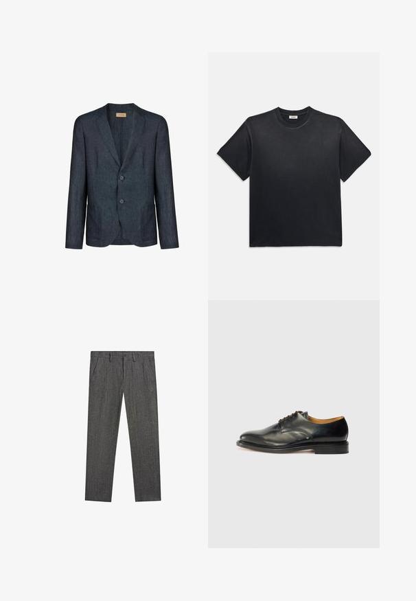 Mörkblå linnety blazer med notch-lapel, två knappar och två framfickor. Slät textur och skräddarsydd passform. Märkesetikett synlig inuti.; Svart bomullströja med rund halsringning och korta ärmar. Har en avslappnad passform, slät textur och minimalistisk design.; Mörkgrå raka byxor med sidfickor, bälteshällor och knäppning fram.; Svart lädersko med slät yta, rund tå och minimal snörning. Har en diskret design och en låg, stabil gummisula.