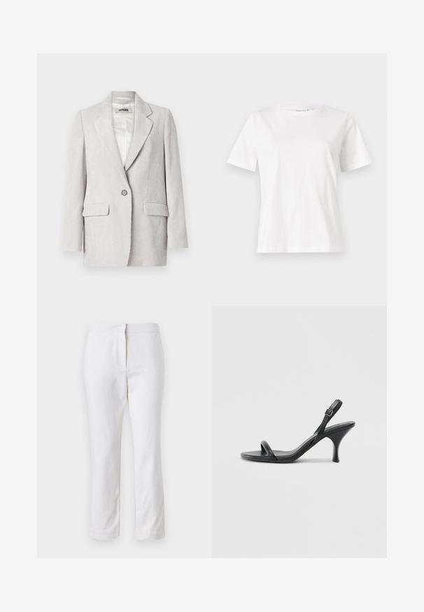Hellgrauer Cordblazer mit Reverskragen, einreihiger Knopfverschluss, zwei Vordertaschen und glattem Innenfutter.; Weißes Baumwoll-T-Shirt mit kurzen Ärmeln, Rundhalsausschnitt und lockerer Passform. Glatte Textur, keine Muster oder Akzente, minimalistisches Design.; Weiße Baumwollhose mit geradem Bein, mittelhoher Taille und ohne sichtbare Beschläge oder Muster. Glatte Textur auf der gesamten Fläche.; Schwarze Leder-Sandalen mit hohen Absätzen, schlankem, gebogenem Absatz und gekreuztem Riemendesign. Verstellbarer Knöchelriemen. Glatte Textur.