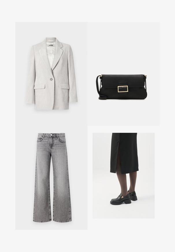 Jasnoszara marynarka z korduroy z klapkami, pojedynczym zapięciem na guzik, dwoma przednimi kieszeniami i gładką podszewką.; Biała bezrękawnikowa koszulka wykonana z prążkowanej tkaniny, z okrągłym dekoltem i dopasowanym krojem, o minimalnych szwach i bez ozdób.; Szerokie dżinsy wykonane z szarego denimu o wyblakłym wykończeniu. Posiadają klasyczne kieszenie i zapięcie na guziki w talii.; Czarne skórzane buty z okrągłym noskiem, grubym blokowym obcasem i elastycznymi akcentami po bokach, zestawione z ciemnymi rajstopami i czarną spódnicą z rozcięciem.; Czarna skórzana torebka kopertowa z klapką i detalem w postaci złotej metalowej klamry. Zawiera czarny pasek oraz elegancki, minimalistyczny design.; Srebrne kolczyki w kształcie obręczy z skręconym wzorem, z polerowanym wykończeniem i zapięciem na sztyft. Mają średnicę około 3 cm.