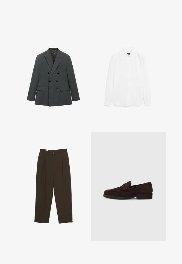 Dubbelknäppt blazer i mörkgrått tyg, med en elegant design, spetsiga slag, två framfickor och svarta knappdetaljer.; Vit långärmad skjorta i slät väv, med knäppning framtill, spetsig krage och rundad nederkant med knappade manschetter.; Mörkbruna skräddarsydda byxor med veck fram, bälteshällor och knäppning i midjan.; Bruna mocka loafers med låg profil och rund tå. Har ett dekorativt band över ovandelen, platt gummisula och ingen synlig sömnad.