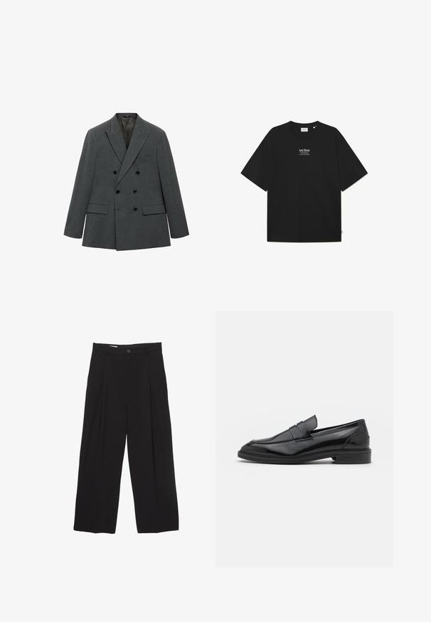 Dubbelknäppt blazer i mörkgrått tyg, med en elegant design, spetsiga slag, två framfickor och svarta knappdetaljer.; Svart bomullströja med lös passform, rund halsringning och korta ärmar. Har vit textlogotyp "Les Deux" i mitten. Minimalistisk design.; Svarta vida byxor tillverkade av mjukt tyg, med platt midjeband, framfåll och en enkel knappstängning.; Svarta läderloafers med en slät finish, med rund tå och en smal rem över framsidan. Låg klack.