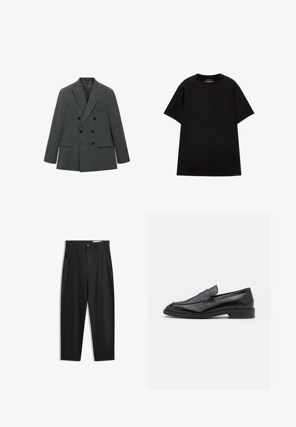 Sacou dublu închis de culoare gri, cu un design elegant, rever ascuțit, două buzunare frontale și butoane negre decorative.; PULL&BEAR JOIN LIFE - Tricou basic - black; Pantaloni negri din bumbac cu croială lejeră, având un brâu clasic, plii frontale și buzunare laterale. Textură netedă fără modele.; Pantofofi din piele neagră cu un finisaj neted, având vârful rotunjit și o bandă îngustă pe partea superioară. Toc mic, stratificat.