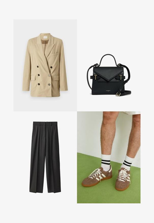 Beige linen blazer with double-breasted front, peak lapels, two front pockets, and black buttons. Features a minimalistic design and textured fabric.; Brown knitted turtleneck sweater with ribbed cuffs and hem; soft texture; relaxed fit; slightly loose silhouette. Model wears dark jeans.; Black, wide-leg trousers made from a smooth fabric. Features a high waist, belt loops, and front pleats for added structure.; Brown suede sneakers with white accents and laces. Rubber gum sole. Worn with white socks featuring black stripes. Green textured flooring.; Black textured handbag with a triangular flap design, gold hardware accents, top handle, and detachable crossbody strap.