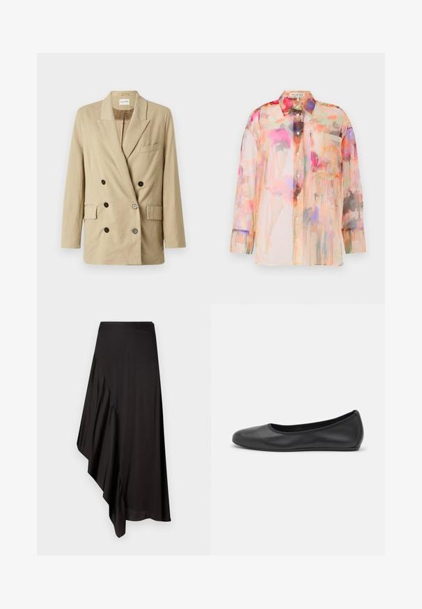 Béžový lněný blejzr s dvojitým zapínáním, špičatými klopami, dvěma předními kapsami a černými knoflíky. Má minimalistický design a strukturovanou látku.; Průhledná blůza s dlouhým rukávem v pastelových barvách s květinovým akvarelovým vzorem, vybavená límečkem, předními knoflíky a náprsní kapsou.; AERON ASTER SKIRT - Pouzdrová sukně - black; Černé kožené baletní byty s kulatou špičkou, hladkou texturou, minimálními švy a flexibilním designem podrážky.
