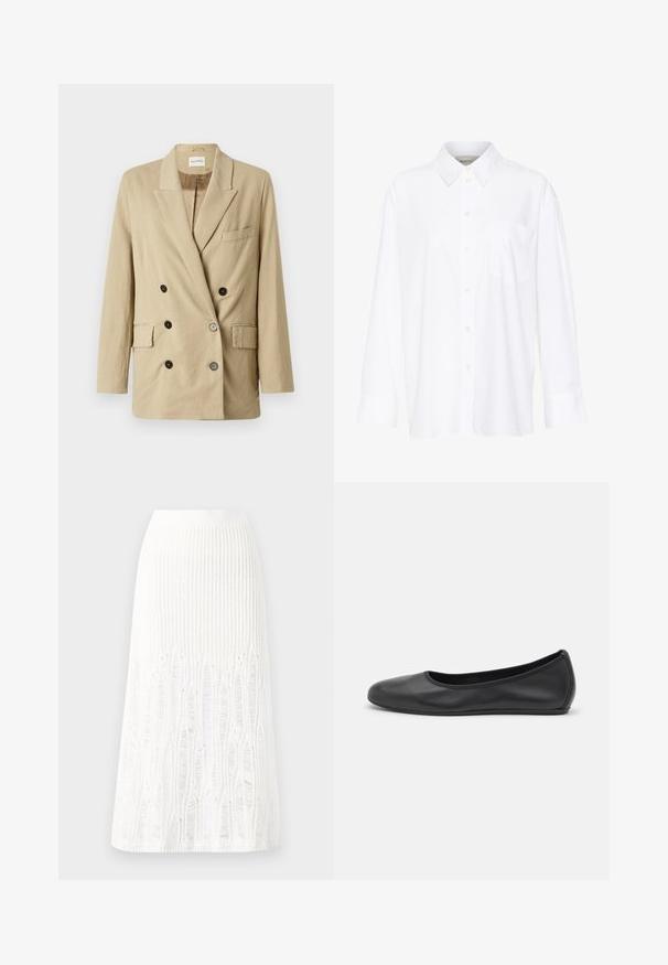 Bēšā linuma žakete ar divkārša priekšpuses aizdari, izteiksmīgām lapelēm, divām priekšējām kabatām un melniem pogām. Iezīmē minimālistisku dizainu un teksturētu audumu.; Baltais garo piedurkņu krekls ar apkakli, izgatavots no kokvilnas. Aprīkots ar pogu aizdari priekšā un vienu krūšu kabatu. Gluda tekstūra, brīvs piegriezums.; Adīts balts midi svārki ar teksturētu rakstu, kas ietver vertikālas līnijas un izgriezumus pie apakšmalas. Elastīgs vidukļa jostasvads. Mīksts materiāls.; Melna ādas baleta kurpe ar noapaļotu purngalu, gludu tekstūru, minimālu šuvju detalizāciju un elastīgu zoles dizainu.