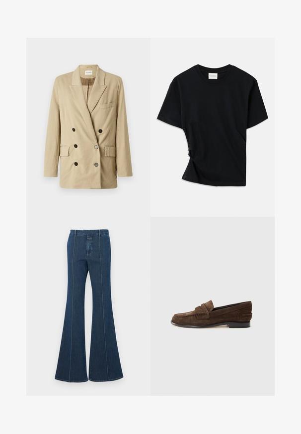 Bežový ľanový blazer s dvojradovým zapínaním, špicatými revermi, dvoma prednými vreckami a čiernymi gombíkmi. Vyznačuje sa minimalistickým dizajnom a štruktúrovanou tkaninou.; Čierne tričko vyrobené z mäkkej bavlny, s okrúhlym výstrihom, krátkymi rukávmi a mierne skrúteným dizajnom pre pohodlný strih.; Džínsy so širokými nohavicami v tmavomodrej farbe, s precízne prešitými švami a čistým vzhľadom. Majú stredne vysoký pás a široké, voľne splývajúce nohavice.; Hnedé semišové mokasíny s nízkym podpätkom, ktoré majú prešité zvršky a hladké vnútorné podšívky. Bočné akcenty dodávajú textúru.