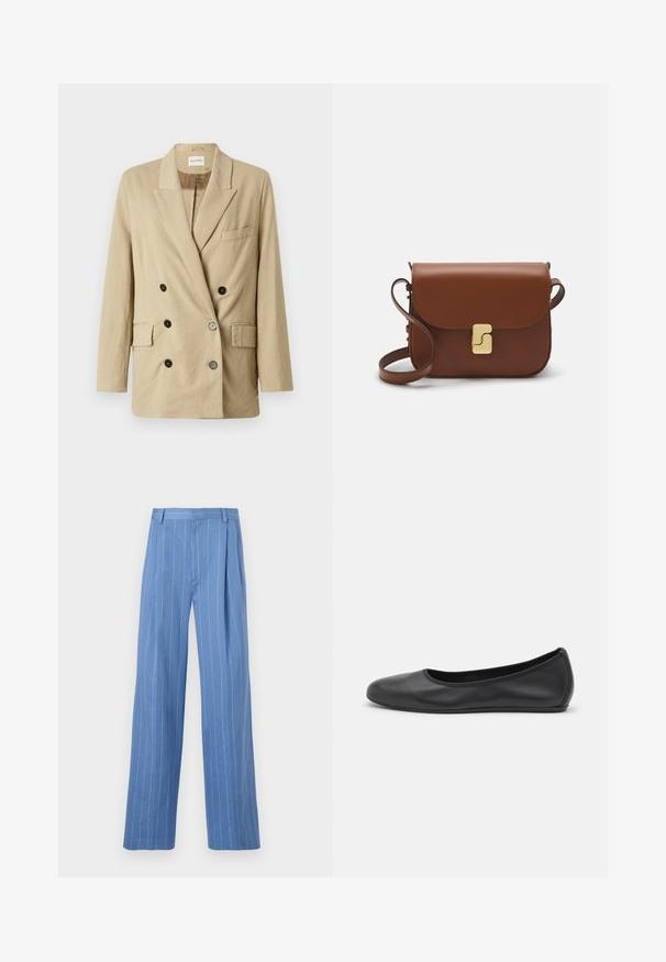 Beige linen blazer with double-breasted front, peak lapels, two front pockets, and black buttons. Features a minimalistic design and textured fabric.; White short-sleeve t-shirt made of ribbed fabric. Round neckline, regular fit, and subtle stitching details. No patterns or graphics.; Light blue wide-leg trousers with vertical white stripes. Made of smooth material, featuring a front pleat and a clean waistband design.; Black leather ballet flat with a rounded toe, smooth texture, minimal stitching detail, and a flexible sole design.; Brown leather handbag with a flap closure, gold-tone hardware, a shoulder strap, and a smooth texture. Compact rectangular shape.