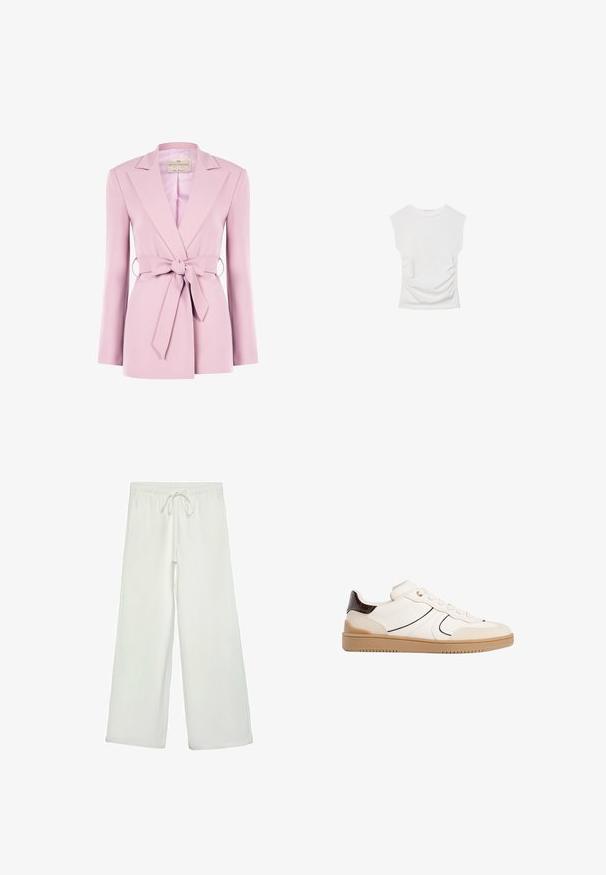 Blazer ajusté rose clair avec manches longues, revers crantés et ceinture à la taille. Présente une texture lisse et un design structuré et ajusté.; Haut blanc à manches courtes avec un col rond. Doté d'une texture froncée sur les côtés et d'une silhouette ajustée, fabriqué à partir d'un matériau doux et extensible.; Pantalons larges blancs en tissu doux. Dotés d'une taille élastique avec cordon de serrage et d'une texture lisse. Aucuns motifs visibles ni éléments en métal.; Stradivarius Baskets basses - white