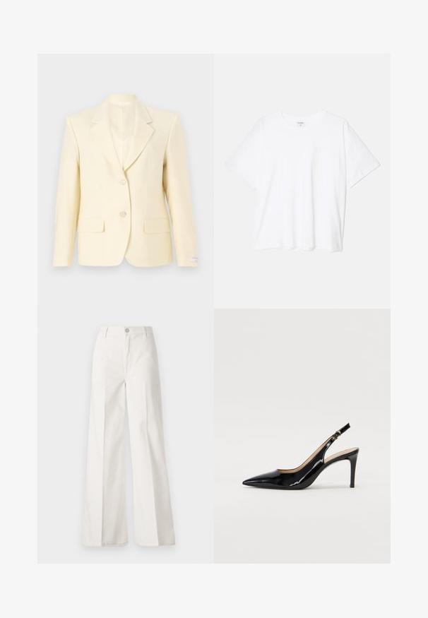 Šviesiai geltonas pritaikytas švarkas su išpjautu apykakle, vieno mygtuko uždarymu, dviem priekiniams kišenėms ir glotnia audinio textura.; Balta medvilnės marškinėliai trumpomis rankovėmis, apvalia iškirpte, laisvo kirpimo ir su siūtu kraštu. Etiketė matoma vidinėje iškirptės pusėje.; Balti platūs baltos spalvos keliai, pagaminti iš medvilnės su lygiu paviršiumi. Yra priekinis mygtukas, užtrauktukas ir keturi kišenės.; Juodas lakinės odos slingback batelis su smailiu nosiu, plonu kulnu ir subtiliu išpjovos dizainu. Yra auksinė sagtis ant dirželio.