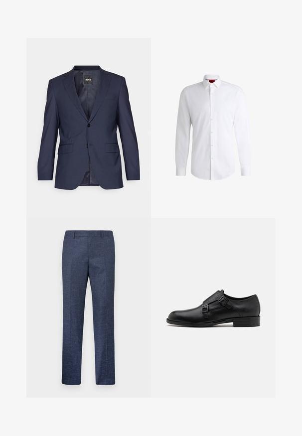 Námorně modrý blazer vyrobený z texturované tkaniny, s jedním knoflíkem, klopami do tvaru zářezu, dvěma předními kapsami a dvěma knoflíky.; Bílá košile s knoflíky vyrobená z hladké látky, s klasickým límcem, dlouhými rukávy a zaobleným lemem. Na přední straně obsahuje béžové knoflíky.; Námořnické modré kalhoty vyrobené z texturované tkaniny, s rovnými nohavicemi, plochým předním dílem a dvěma bočními kapsami. Žádné viditelné vzory ani akcenty.; Černé kožené společenské boty s dvojitými sponami, elegantní silueta a kulatá špička. Mají nízký podpatek a hladký povrch.
