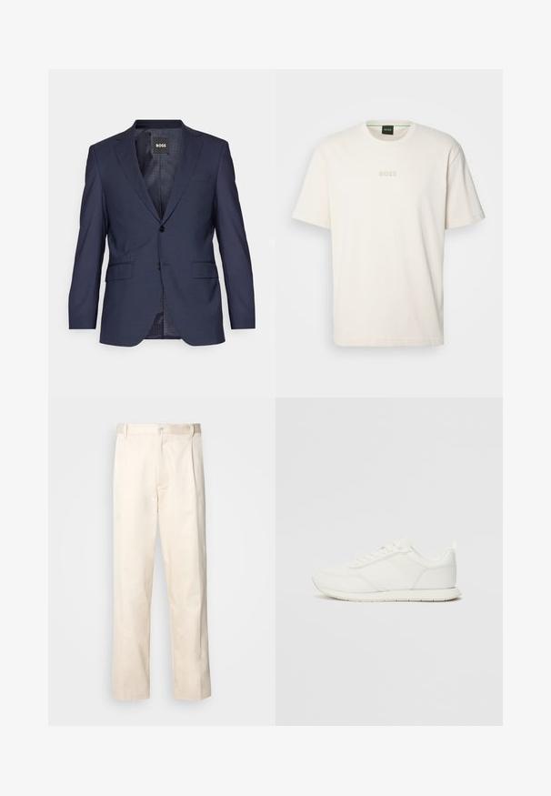 Blazer azul-marinho feito de tecido texturizado, com um design de fecho simples, lapelas recortadas, dois bolsos frontais e dois botões.; BOSS TEE - T-shirt básica - open white; Calças de algodão bege com corte reto, apresentando um fecho de botão e pregas na frente para um detalhe adicional.; Sapatilha branca com parte superior em malha e sintético, bico arredondado, atacadores planos e uma faixa lateral texturizada. Sola em borracha com uma alça na parte de trás.
