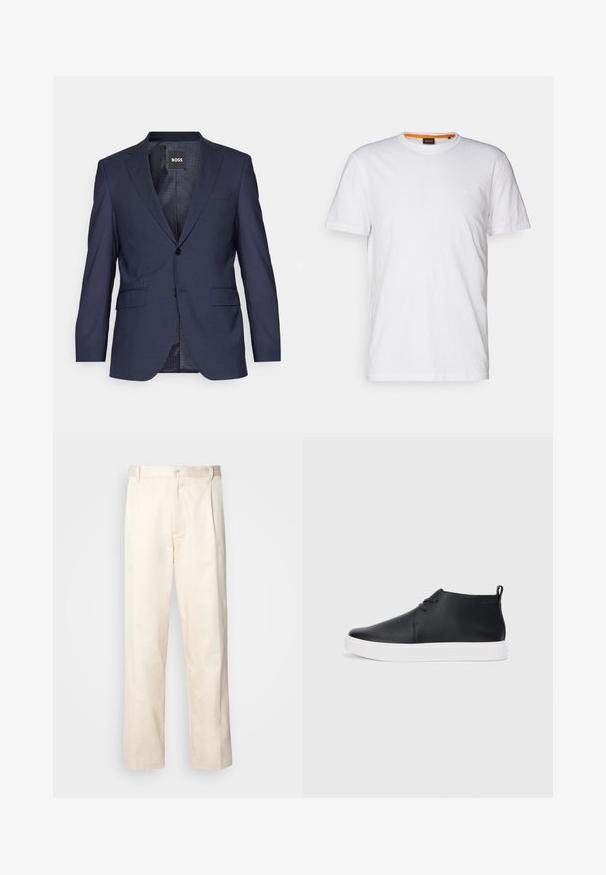 Jūras spēku zila žakete, kas izgatavota no teksturēta auduma, ar vienkāršu frontālo dizainu, iegrieztiem uzmavām, divām priekšējām kabatām un diviem pogām.; Balta kokvilnas T-krekls ar apaļu kakla izgriezumu, īsām piedurknēm un nemanāmu reljefa logo uz krūšu daļas. Iekšējā birka ar oranžu akcentu.; Bežā krāsā auduma bikses ar taisnu kāju griezumu, pievienotām pogu aizdares un priekšējiem krokām papildu detaļām.; Melnas ādas augstas tenisa kurpes ar gludu apdari, baltu gumijas zoli un vienkāršu šņorēšanas dizainu. Aizmugurē ir vilkšanas cilpa.