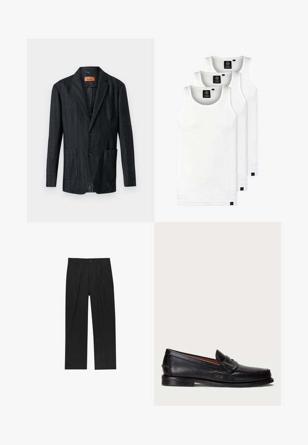 Črni blazer z ribjo kostjo, s številnimi žepi spredaj, izrezanimi klapami in dvema gumboma. Gladka tekstura z krojem, ki se prilega postavi.; Tri bele rebraste majice brez rokavov iz bombaža. Imajo okroglo izreza in majhne črne etikete blizu roba. Na voljo v več velikostih.; Črne hlače z ravnim krojem, narejene iz gladkega materiala. Imajo sprednje gube in enojno zaponko na pasu.; Črne usnjene loafers čevlje z zaobljenim prstom, šivanimi detajli in okrasnim trakcem spredaj. Ravna podplat z minimalnim profilom.