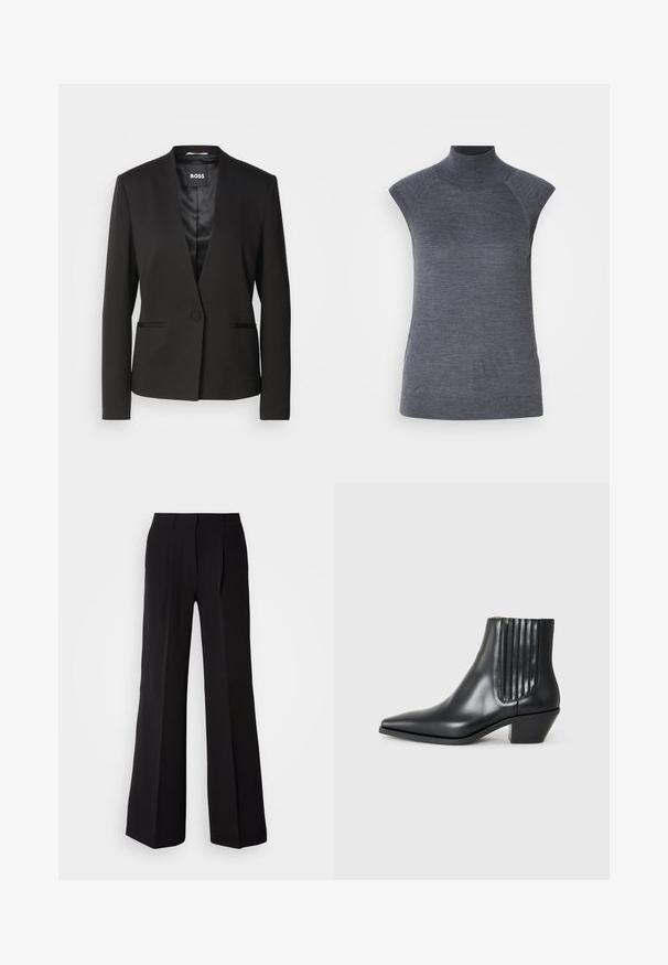 Črn blazer z izrezom na ovratniku, enojnim gumbom in dvema sprednjima žepoma. Narejen je iz gladkega blaga z satenskim zaključkom.; Siva brezrokavni pulover s turtleneck ovratnikom, prileganju telesu, rebrasto teksturo, gladko blago, z visokim ovratnikom in modnimi izrezanimi rameni.; Črne hlače iz gladkega materiala, z visokim pasom, širokimi nogavicami in dvema sprednjima pregiboma za dodatno oblikovanje.; Črne usnjene gležnjarje s koničastim nosom, elastičnimi stranskimi paneli z navpičnimi utori in nizko blokasto peto. Gladka tekstura in eleganten dizajn.