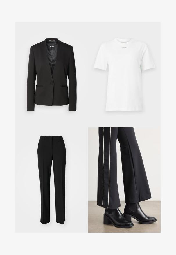 Juodas švarkas su įpjautu apykakliu, vieno mygtuko užsegimu ir dviem priekinėmis kišenėmis. Pagamintas iš lygios medžiagos su satino finišo pamušalu.; Baltas medvilninis marškinėliai su apykakle, trumpomis rankovėmis ir mažu juodu "Calvin Klein" logotipu krūtinėje. Paprastas dizainas, be raštų.; Juodi pritaikyti kelnių modeliai su tiesiomis kojomis, pasižyminčios lygiomis tekstūromis ir ryškiomis klostėmis priekyje. Nėra matomų detalių.; Juodi odiniai auliniai batai su plataus bloko kulnu, turintys elastines šonines dalis. Sukomplektuoti su juodomis kelnėmis, turinčiomis baltą šoninės juostą.