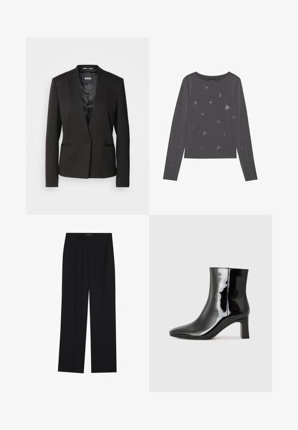 Crni sako s reverom, zatvaranjem na jedan gumb i dva prednja džepa. Izrađen od glatkog materijala s satenskim doradom.; Siva majica dugih rukava s okruglim izrezom, koja ima raspršene metalne detalje i glatku teksturu.; Crne hlače ravnog kroja, s dva prednja džepa i pojasom. Izrađene od glatkog, laganog materijala.; Crne lakirane kožne gležnjače s šiljastim prstom i srednje visokom blok petom. Glatka tekstura i minimalistički dizajn.