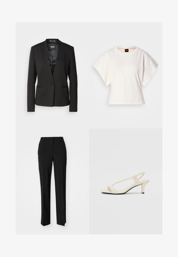 Blazer nero con collo a rever, chiusura con un bottone e due tasche anteriori. Realizzato in tessuto liscio con una fodera in satin.; T-shirt bianca cropped, maniche corte e larghe, tessuto di cotone morbido, scollatura rotonda con bordino arancione sottile, design minimale, senza motivi o grafiche.; Pantaloni neri su misura con un design a gamba dritta, caratterizzati da una texture liscia e pieghe ben definite sul davanti. Senza hardware visibile.; Sandali con tacco a blocco beige, con sottili cinturini e punta quadrata. Materiale liscio con dettagli minimi, progettati per un facile utilizzo.