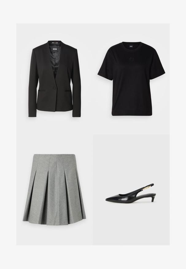 Blazer negro con cuello de muesca, cierre de un botón y dos bolsillos frontales. Fabricado en una tela suave con un forro de acabado satinado.; Camiseta de algodón negra con cuello redondo, mangas cortas y un logo bordado en el pecho. Ajuste simple y relajado sin patrones.; Falda gris con pliegues hecha de tejido texturizado, que presenta una cinturilla ajustada y un diseño acampanado. Sin hardware ni acentos visibles.; Tacones negros de piel sintética tipo slingback con punta afilada, que cuentan con un tacón delgado y un detalle en tono dorado en la correa ajustable. Textura suave.
