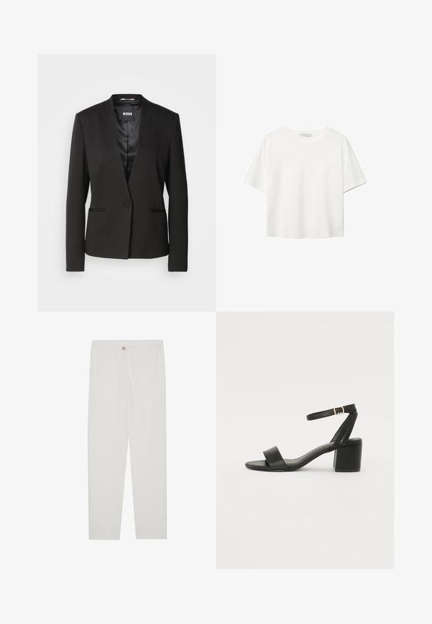 Svart kavaj med snibbkrage, enkel knappstängning och två framfickor. Tillverkad av ett slätt tyg med satinfinish på foder.; Vit t-shirt med kort ärm i bomull. Har en rundad halsringning och en avslappnad passform. Slät textur utan synliga mönster eller detaljer.; Vita, skräddarsydda byxor med rak benform, med knappstängning, bältesslingor och sidofickor; mjuk tygtextur.; Svart klacksandals med en slät läderöverdel, öppen tå, breda framremmar och justerbart ankelband med en guldfärgad spänne.