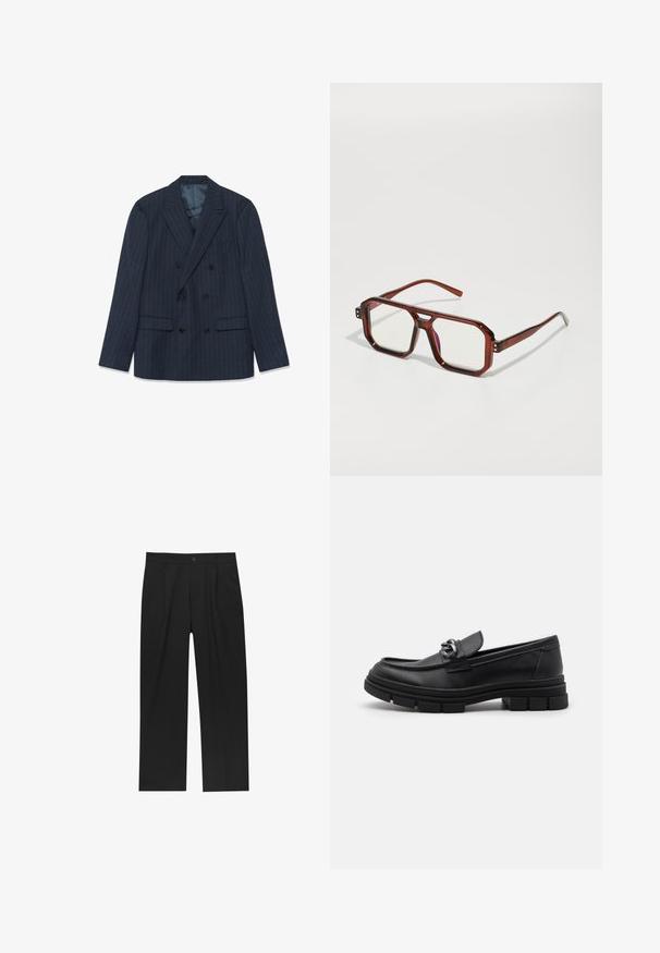 Granatowa, dwurzędowa marynarka w cienkie prążki, z pikowanym kołnierzem i klapami oraz kieszeniami z patkami, leżąca na białym tle.; Zestaw ośmiu czarnych koszulek bawełnianych z krótkimi rękawami i okrągłym dekoltem, o prostym wzorze i miękkiej fakturze.; Czarne spodnie o prostym kroju, wykonane z gładkiego materiału. Posiadają zakładki z przodu i pojedyncze zapięcie na guziki w pasie.; Czarne skórzane półbuty z okrągłym noskiem, dekoracyjnym paskiem i elementami metalowymi oraz grubą, fakturowaną podeszwą. Gładkie wykończenie z subtelnymi detalami.; Brązowe, przezroczyste, oversized okulary z prostokątnymi soczewkami i smukłymi ramionami. Kąty lekko zaokrąglone, z widocznymi akcentami w postaci elementów metalowych.; Srebrny zegarek metalowy z satynową niebieską tarczą, białymi znacznikami godzin oraz wyświetlaczem daty. Posiada ogniwowy metalowy pasek i logo marki.