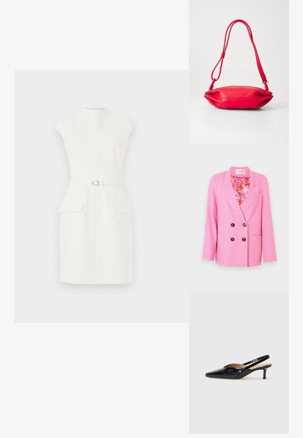 Fabienne Chapot REGGY - Bleiseri - pink glow; Valkoinen hihaton mekko, jossa on korkea kaula-aukko, etu vyö, kaksi etutaskua ja istuva siluetti. Valmistettu sileästä, jämäkästä kankaasta.; Musta patenttikiiltoinen slingback-korkokenkä, jossa on teräväkärkinen muoto, pieni korko ja leikkauksella varustettu suunnittelu vampaassa. Kultasävyinen metallivanhus sivulla.; Punainen nahkainen käsilaukku, jossa on kapea, pyöreä muoto. Varustettu yhdellä säädettävällä hihnalla ja sileällä pinnalla, jossa on hienovaraisia ompelutietoja.