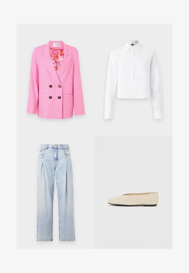 Fabienne Chapot REGGY - Bleiser - pink glow; Valge lühikeste pükste ülaosa nuppudega särk, millel on heledat sinist vertikaalset triipu, pikad varrukad, üks rinna-tasku ja klassikaline krae. Puuvilla ja sünteetika segu kangas.; Heledad sinise denimist valmistatud teksapüksid kõrge vöökohaga, laia jala lõikega, kahe külje taskuga ja pleedi disainiga. Pehme tekstuur ja pleekinud viimistlus.; Beežist nubukist baleriinijalats, millel on ümar varvas, lame tald ja minimaalne disain. Sile tekstuur ning nähtavad riistvara või kaunistused puuduvad.